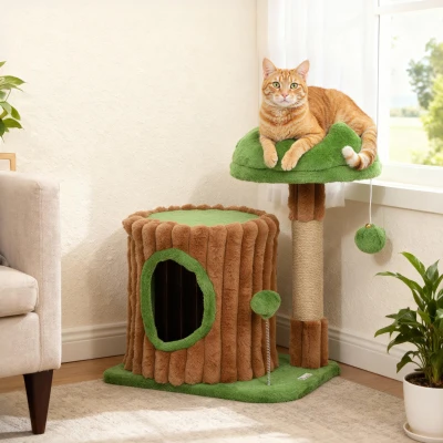 PawHut Árbol Rascador para Gatos 53 cm Diseño de Tronco con Casita Cama Poste de Yute Bolas Marrón y Verde