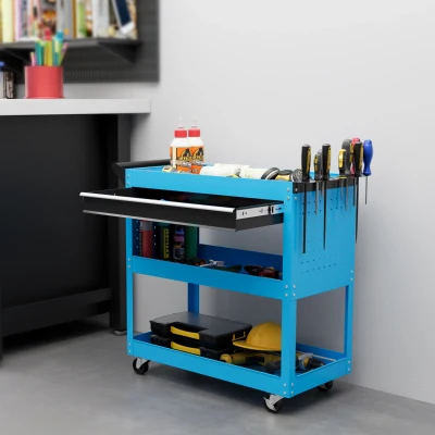 HOMCOM Werkzeugkoffer Werkzeugtrolley Werkzeugbox, 3 Ebenen, 4 Rollen, 82 cm x 35 cm x 76 cm, Blau