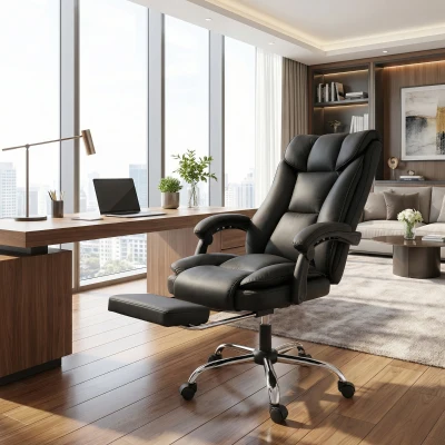 HOMCOM Cadeira de Escritório Ergonômica Ajustável Reclinável até 155° Giratória 360° com Apoio para os Pés para Estúdio Preto