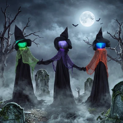 HOMCOM Halloween Witches Decor Light-Up Heads 120cm