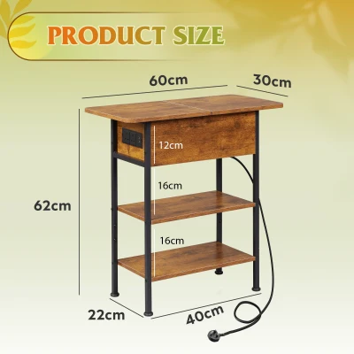 WLIVE Side Table with Charging Station, 3-Tier End Table with Drawer and Flip Top, Comes with USB Ports and Outlets, 60x30x62cm for Living Room and Bedroom, Rustic Brown