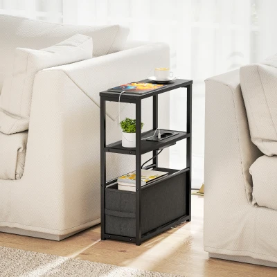 HOMCOM Beistelltisch Sofatisch mit Steckdosenleiste, Ablage, für Kleine Räume, 45x18x60,2cm, Schwarz