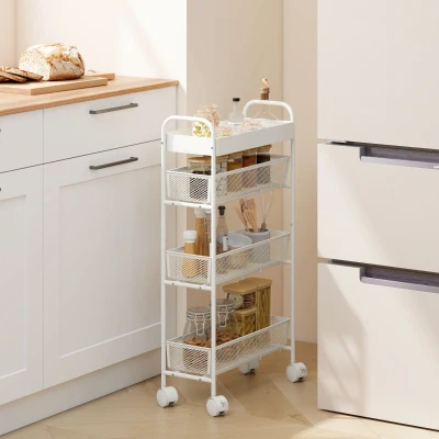 HOMCOM Küchenwagen aus Metall, 3 Körbe, schmales Design, 4 Räder, für Küche, Wohnzimmer, Badezimmer, Weiß