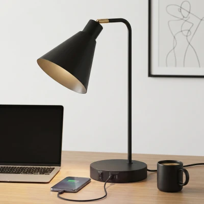 Set de 2 Lămpi de Masă din Oțel cu Porturi USB, Negru