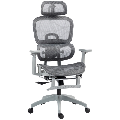 HOMCOM Bürostuhl, Ergonomischer Schreibtischstuhl mit Netzstoffbezug, verstellbar, rollbar, mit Armlehnen, Kopfstütze, Grau