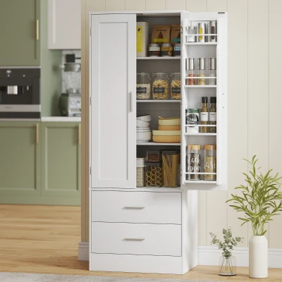 HOMCOM 159 cm Küchenschrank, verstellbare Regale, 2 Schublade, für Küche, Esszimmer, Spanplatte, MDF, Weiß