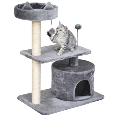 PawHut Árbol Rascador para Gatos 81 cm Torre para Gatos con Cama Plataforma Refugio Poste de Sisal y Bolas 60x40x81 cm Gris