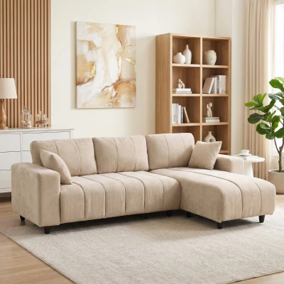 HOMCOM Sofá Chaise Longue Reversible de 3 Plazas 2 Almohadas Tapizado en Lino Marco de Acero 242x156x87 cm Beige