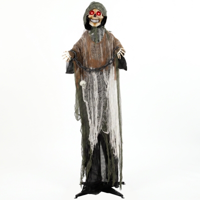 HOMCOM Animierter Sensenmann, 170 cm, lebensgroße Halloween-Animatronic mit beweglichen Händen/Kopf, leuchtenden Augen und Gruselsound