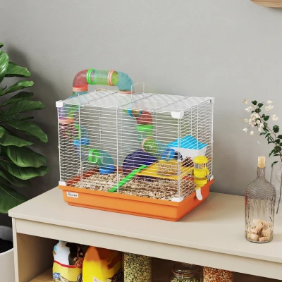 PawHut Cage Hamster Orange 46x30x37cm avec Tunnel et Accessoires