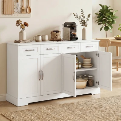 HOMCOM Küchen-Sideboard mit Schubladen, Türen, höhenverstellbaren Regalen, Shaker-Design, Anti-Kipp-Vorrichtung, 140x38x80cm, Weiß