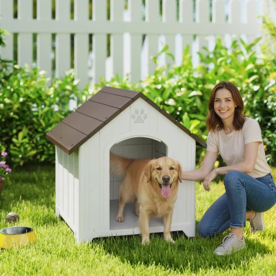PawHut Caseta para Perros Exterior Casa para Perros Grandes de Plástico con 2 Ventanas Base Elevada Estacas Marrón Oscuro
