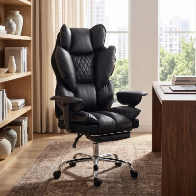 HOMCOM Fotel kierowniczy z ekoskóry do 180 kg, duży fotel biurowy z wkładem sprężyn kieszeniowych i funkcją rozkładania, czarny