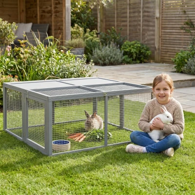 PawHut Kleintierkäfig, Kaninchenstall, aufklappbares Dach, Tannenholz, 110 x 105 x 50 cm, Grau