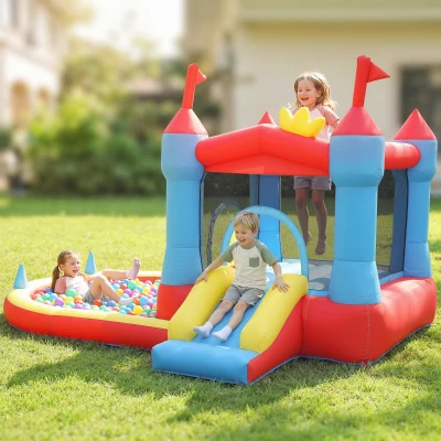 AIYAPLAY Aufblasbar Hüpfburg mit Gebläse Rutsche Trampolin Planschbecken/Bällebad Wasserpistole 342x255x209 cm Blau