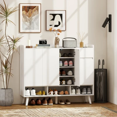 HOMCOM Schuhschrank mit grifflosem Design, 4 Türen, 4 verstellbare Regale, freistehendes Schuhregal mit 5 Holzbeinen, Holz, Weiß