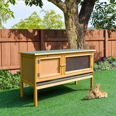 PawHut Hasenstall Kaninchenstall aus Holz mit aufklappbarem Dach, 2 Türen, auslaufsicherer Schale, 115x44,3x65 cm Hellgelb