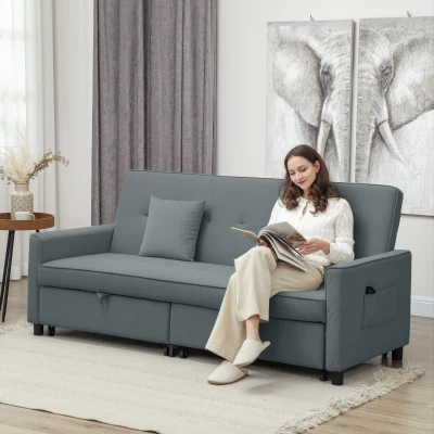 HOMCOM Sofabett, verstellbare 3-Sitzer-Couch mit Bettfunktion, Schlafsofa mit ausziehbarem Bett, Kissen, Grau
