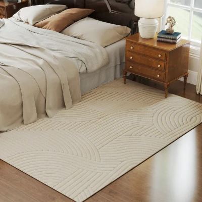 Covor Modern Antiderapant cu Design Liniar, Crem