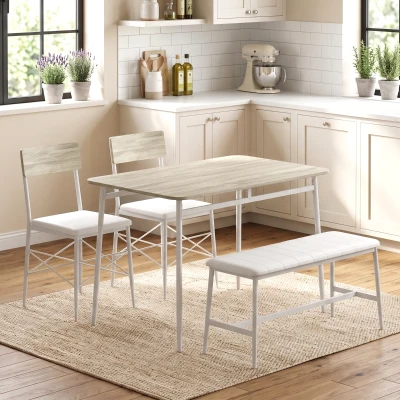 HOMCOM Conjunto Mesa de Jantar com 2 Cadeiras e Banco, Assentos Estofados, para Sala, Pequenos Espaços, Carvalho e Branco