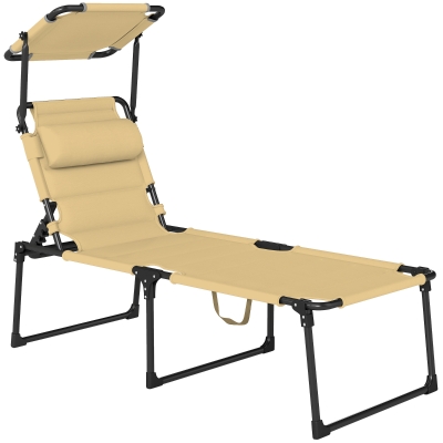 Outsunny Tumbona de Jardín con Toldo Ajustable Respaldo Regulable en 4 Niveles Reposacabezas para Terraza 70x200x45 cm Crema