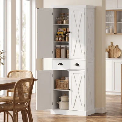 HOMCOM Hoher Küchenschrank, Küchenschrank mit 4 Türen, Schublade und verstellbaren Regalen, rustikaler Stil, 62x38x173cm, Weiß