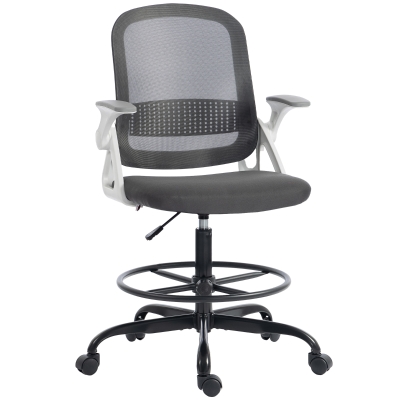 HOMCOM Silla de Escritorio de Malla Silla de Dibujo con Reposabrazos Abatibles Altura Ajustable Reposapiés Gris
