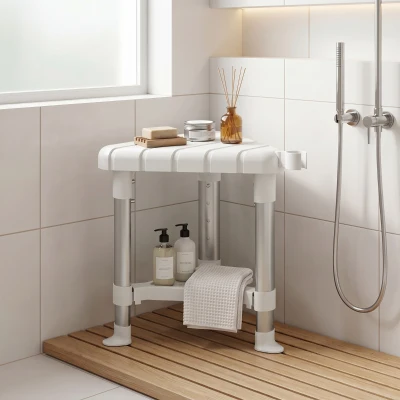 HOMCOM Shower Stool Aluminium Adjustable Storage Shelf White
