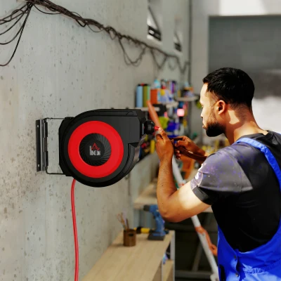 HOMCOM Schlauchtrommel mit Einzugs-Mechanismus, 16,5 m langer Schlauch, Wandmontage, Rot+Schwarz