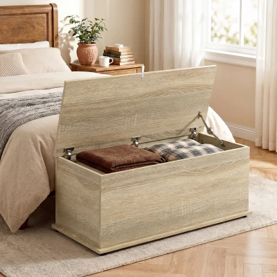 HOMCOM Banco de Almacenaje con Bisagra de Seguridad Estilo Moderno para Pasillo Dormitorio Salón 100x40x40 cm Roble