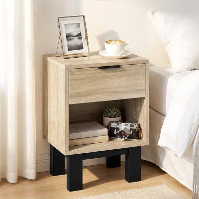 HOMCOM Nachttisch, Nachtschrank mit Schublade, offenes Fach, Nachtkommode für Schlafzimmer, Wohnzimmer, 35 x 26 x 50 cm, Eiche