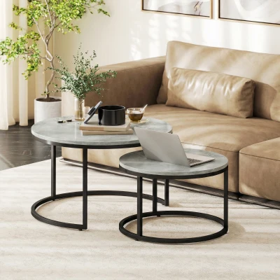 HOMCOM Modernes Kaffeetisch 2er-Set, Stapelbare Beistelltische mit Metallgestell für Wohnzimmer, Schlafzimmer, Büro, Grau