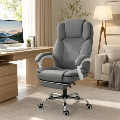 HOMCOM Scaun birou ergonomic, fotoliu înclinat din piele sintetică potrivită pentru animale, înălțime reglabilă, Gri