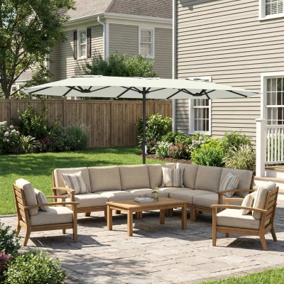 Outsunny Sombrilla Doble de Jardín 4,6x2,6 m con Manivela Manual Protección UV50+ Funda Resistente al Agua Blanco Crema