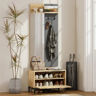 HOMCOM Garderobenset für Eingangsbereich, Schuhbank, Spiegel, 3 Haken, Offenes Regal, Flurmöbel, Naturholz+Grau
