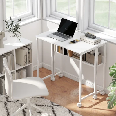 HOMCOM Escritorio Plegable con Ruedas Balda y Bolsillo de Almacenaje Ideal para Espacios Pequeños 80x50x75 cm Blanco
