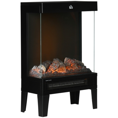 HOMCOM Elektrokamin, 2000 W, Standkamin mit Heizung LED 3D-Flammeneffekt, 4 Helligkeitsstufen, Elektrischer Kamin mit Thermostat, Überhitzungsschutz, Schwarz