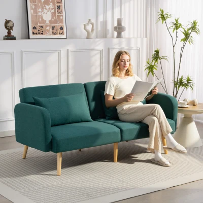 HOMCOM Schlafsofa, 3-Sitzer-Sofa mit Bettfunktion, 2 Kissen, Polstersofa mit verstellbarer Rückenlehne, Leinenoptik, Grün
