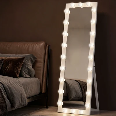 HOMCOM Ganzkörperspiegel 150x40 cm LED Spiegel mit 24 Glühbirnen 3 Lichtfarbe, freistehend oder anlehnbar Weiß