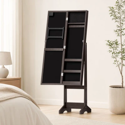 HOMCOM Dulap pentru bijuterii, dulap de depozitare pe picior, cutie pentru bijuterii cu oglindă, multiple spații de depozitare, iluminare LED, maro închis