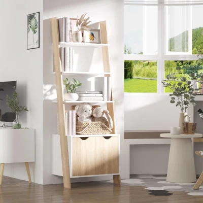 HOMCOM Estantería en Forma de Escalera de Madera Librería con 3 Estantes y 1 Armario de Almacenaje 60x40x171 cm Roble y Blanco
