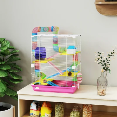 PawHut Cage Hamster Rose 46x30x58cm avec Tunnel et Accessoires