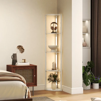 Lampadar Podea LED, 4 Rafturi, Lumină Reglabilă 3000K, MDF, Stejar