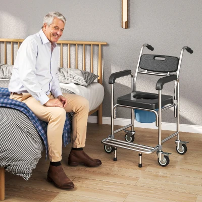HOMCOM 3-in-1 Commode Shower Chair with Wheels Padded Seat Black