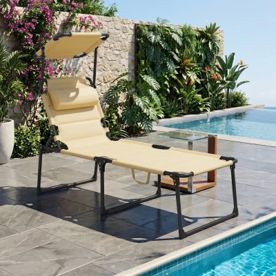Outsunny Tumbona de Jardín con Toldo Ajustable Respaldo Regulable en 4 Niveles Reposacabezas para Terraza 70x200x45 cm Crema