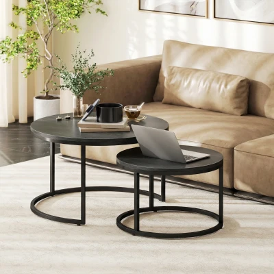 HOMCOM Modernes Kaffeetisch 2er-Set, Stapelbare Beistelltische mit Metallgestell für Wohnzimmer, Schlafzimmer, Büro, Schwarz