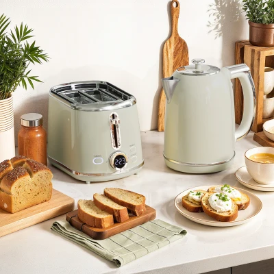 HOMCOM Wasserkocher- und Toaster-Set, LED-Anzeige, 1,7 Liter, 2200W, Retro-Design, Memory-Funktion, Grau