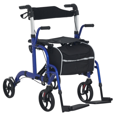 HOMCOM 2 in 1 Wheelchair Transport Chair & Folding Rollator Walker with Seat, Backrest, Footrest, Lightweight Walking Frame with Bag, Adjustable Height, 4 Wheeled Walker for Seniors, Pearl Blue