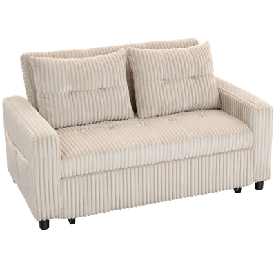 HOMCOM 2-Sitzer Sofabett, Cordbezug, zum Schlafsofa umwandelbar, 2 Kissen, Seitentaschen, 157 x 190 cm, Cremeweiß