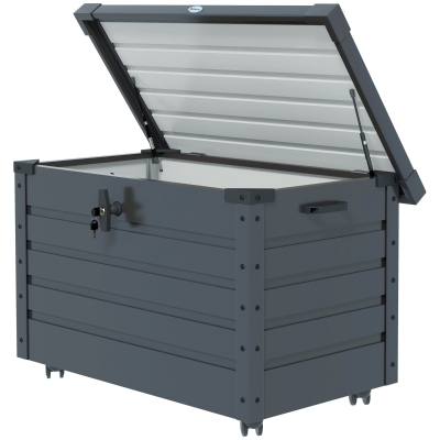 Outsunny Baúl de Almacenaje Exterior de Acero Galvanizado con 4 Ruedas 2 Asas y Tapa con Cerradura 100x62x65 cm Gris Oscuro
